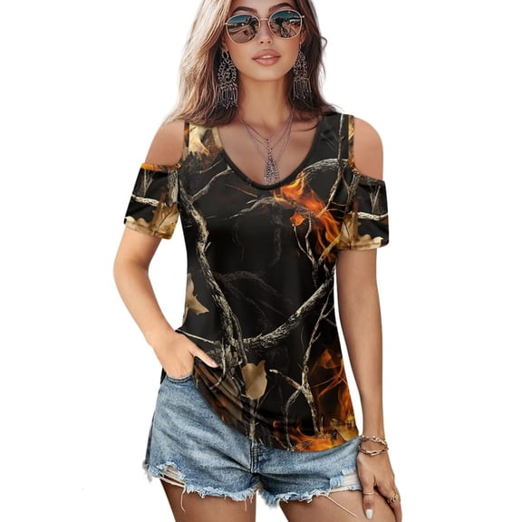 POLERO Hunting Camo Flame Print Womens Cold Shoulder T-Shirt Short Sleeve Tshirts V Neck Summer Tee Tops Sexy Casual for Travel Dating Soft Lightweight S