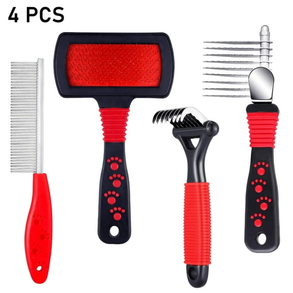 4 Pack Pet Grooming Kit, Include Dematting Combs, Slicker Brush, And Steel Comb For Removing Knots And Hair From Poodles Dogs, Cats