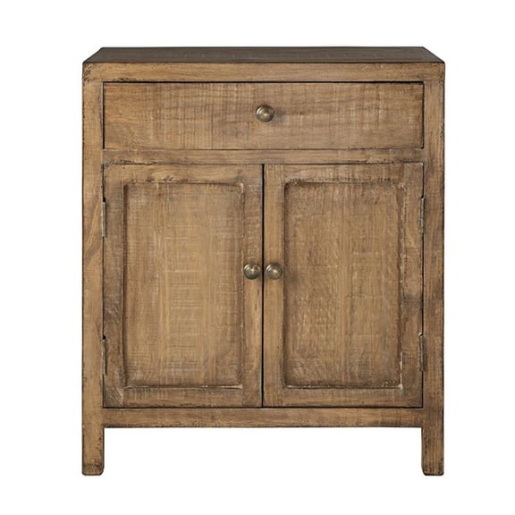 Benjara Lia Small Accent Cabinet- 2 Door- Drawer- Antique Style Natural Wood