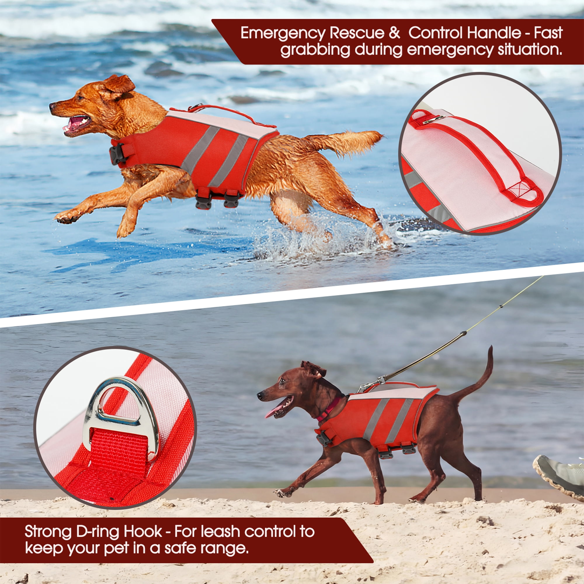 IDOMIK Dog Life Jacket with Reflective Strips, High Flotation Small Dog Swim Vest with Rescue Handle and D-Ring for Boating, Swimming and Surfing, Red