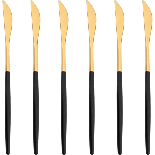 Juego de 6 cuchillos de mesa de acero inoxidable 18/0 con espejo dorado y negro para cena, mantequilla y carne, 8,66 pulgadas, 6 uds.