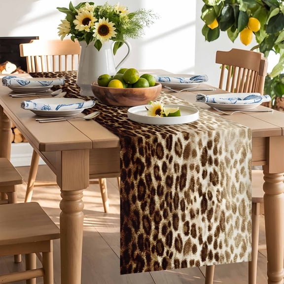 Retro Classic Brown Leopard Print Table Runner, Animal Fur Gradient Texture Washable Kitchen Table Runners Dress Scarves for Dining Table Decorations Party/Restaurant/Indoor Outdoor Use, 13x120in