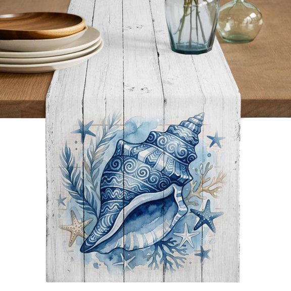 Summer Coastal Table Runner 72 Inches, Sea Ocean Marine Conch Starfish Coral Wooden Bed Runner Dresser Scarves Tabletop for Indoor Outdoor Parties/Ceremony/Banquet, 18" x 72"