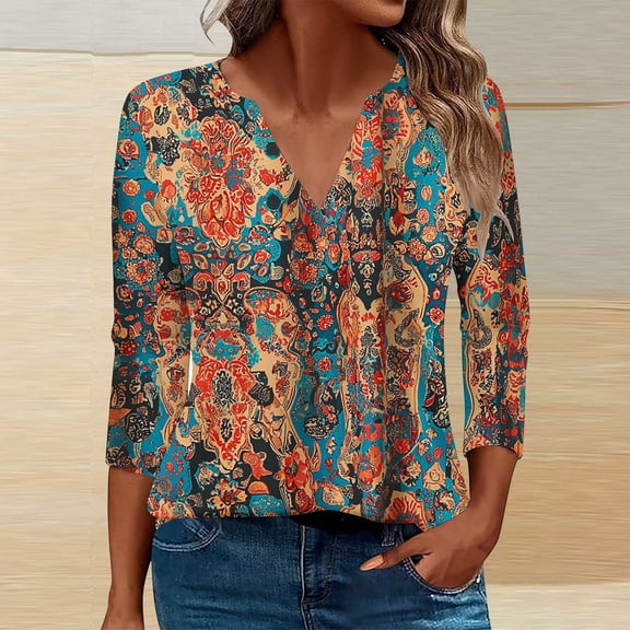 Qulqfy Women's Tops 3/4 Sleeve Boho Plus Size Spring Shirts Tunic V Neck Dressy Casual Tops Tunic Blouses for Women L