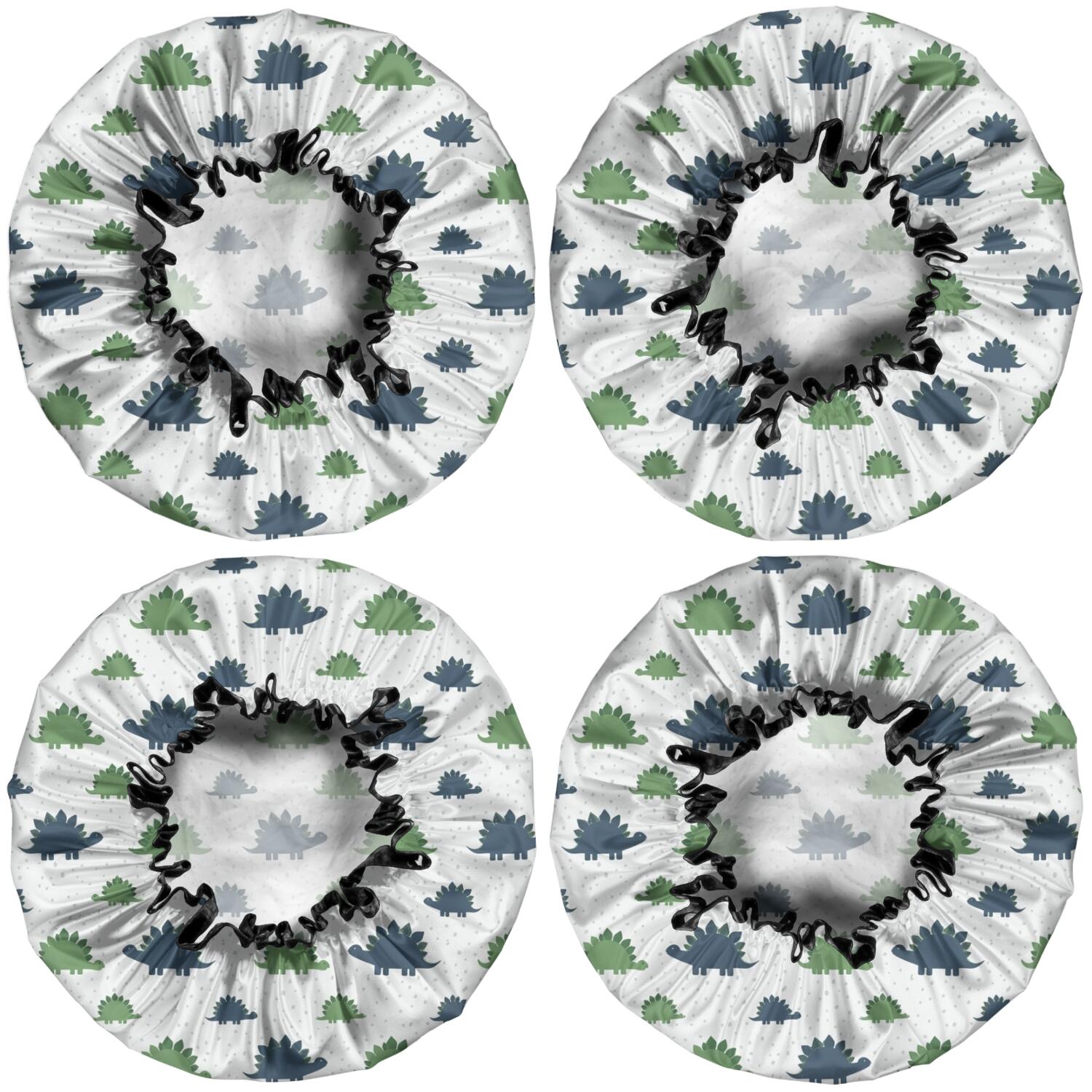 Shower Caps,Monochrome Dinosaur Silhouette Pattern Waterproof Shower Cap for Women 4 Pieces,Double Reusable Hair Cover for Shower PEVA Elastic Stretch Hem