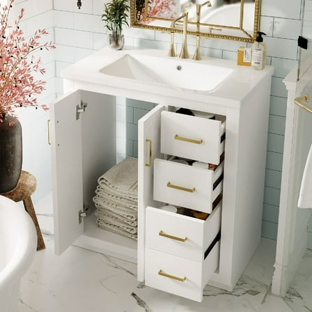 30'' Bathroom Vanity with Ceramic Sink Combo, Solid Wood Frame Bathroom Storage Cabinet with 3 Drawers& Soft Closing Doors, Freestanding Vanity Set for Bathroom, Faucet Not Include, White