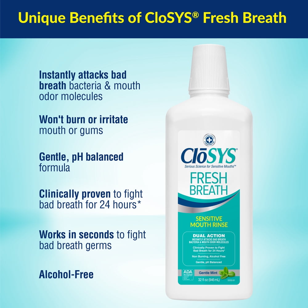 CloSYS Fresh Breath Sensitive Mouthwash, Gentle Mint, Alcohol Free, Dye Free, pH Balanced, Helps Soothe Entire Mouth, Fights Bad Breath - 32 Oz (Pack of 3)