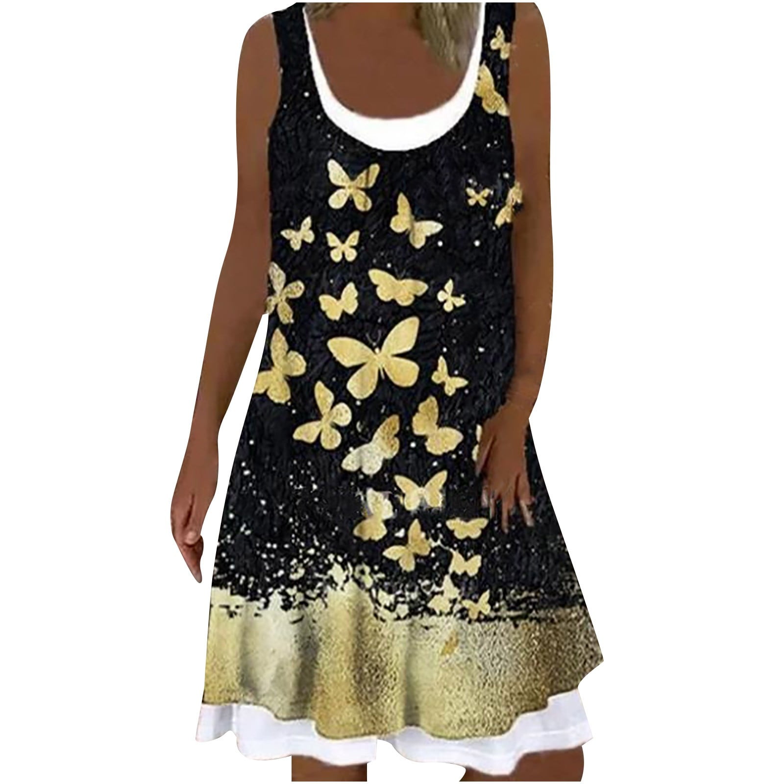 Womens Summer Dresses Casual Loose Knee Length Tank Dress Sleeveless Scoop Neck Pleated Romper Midi T Shirt Dress 