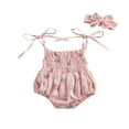 thumbnail image 1 of 2Pcs Baby Summer Outfits Floral Printed Spaghetti Strap Romper Bowknot Headband, 1 of 6