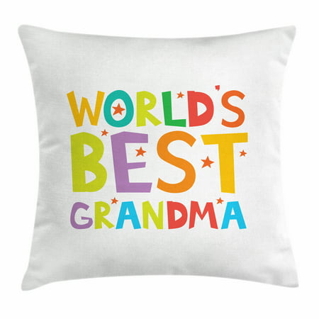Grandma Throw Pillow Cushion Cover, Cartoon Style Lettering Worlds Best Grandma Quote with Stars Colorful Illustration, Decorative Square Accent Pillow Case, 18 X 18 Inches, Multicolor, by