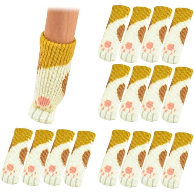 16 calcetines para silla con forma de pata de gato para evitar arañazos, gorros para patas de silla para decoración, se adaptan a todas las formas de piernas (impresión amarilla)