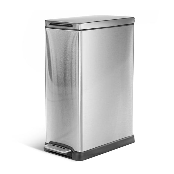 Home Zone Living 12 Gallon Slim Silver Stainless Steel Kitchen Trash Can with Step Pedal and Soft Close Lid