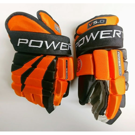 PowerTek V5.0 Tek YOUTH Ice Hockey Gloves, Flexible Full Motion Cuff - Orange, 11"