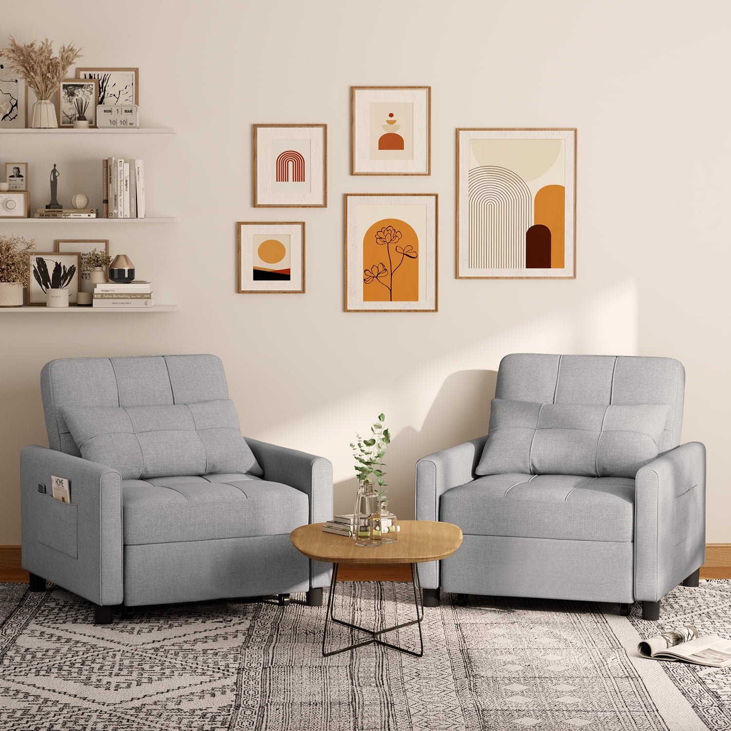 3-in-1 Convertible Sleeper Chair, Lightweight Foldable Sofa Bed for Small Spaces, Linen Upholstery, Light Gray