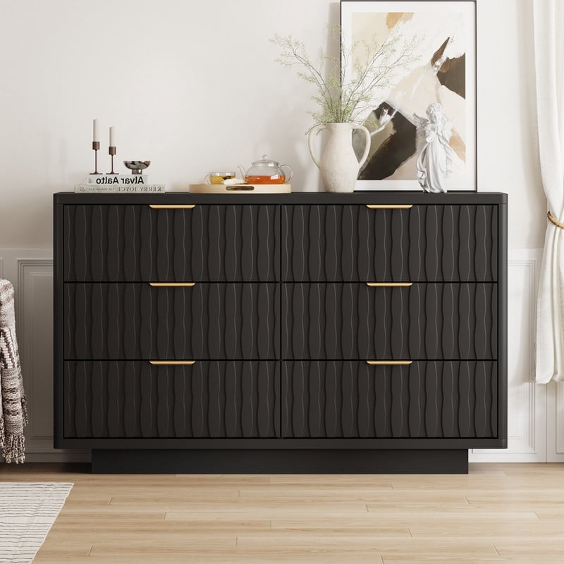Fluted 6 Drawer Dresser for Bedroom, Wide Modern Chest of Drawers with Metal Handle, Curved Profile Design, Wood Closet Clothes Storage Organizer for Bedroom, Living Room, Hallway(Black)