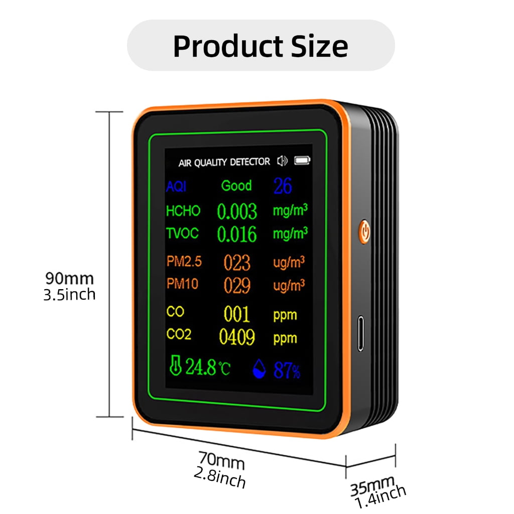 Osdhezcn Air Quality Pollution Meter HCHO TVOC CO CO2 PM2.5 PM10 Temperature Humidity Meter with Buzzers Tester Color Display