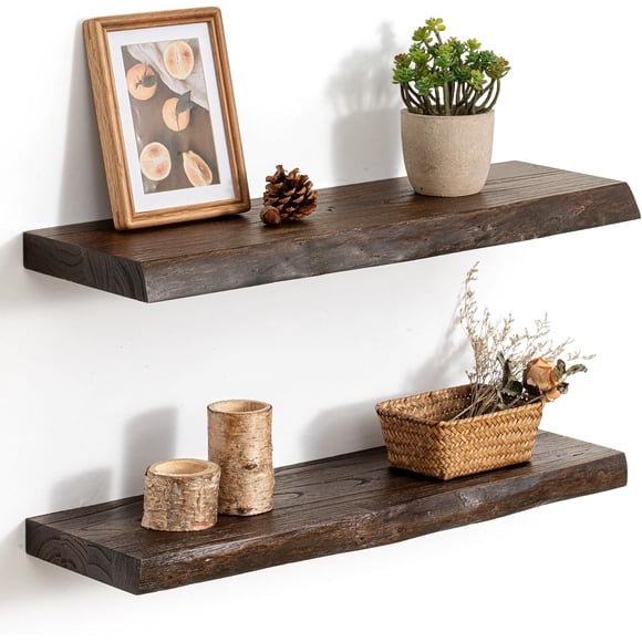 Flat Edge Floating Shelves for Wall,24"x7.9" Solid Elm Wood Bookshelf, Heavy-Duty Mounted Shelf with Brackets, Set of 2 for Bathroom Storage, Kitchen, Rustic Decor, Walnut Color