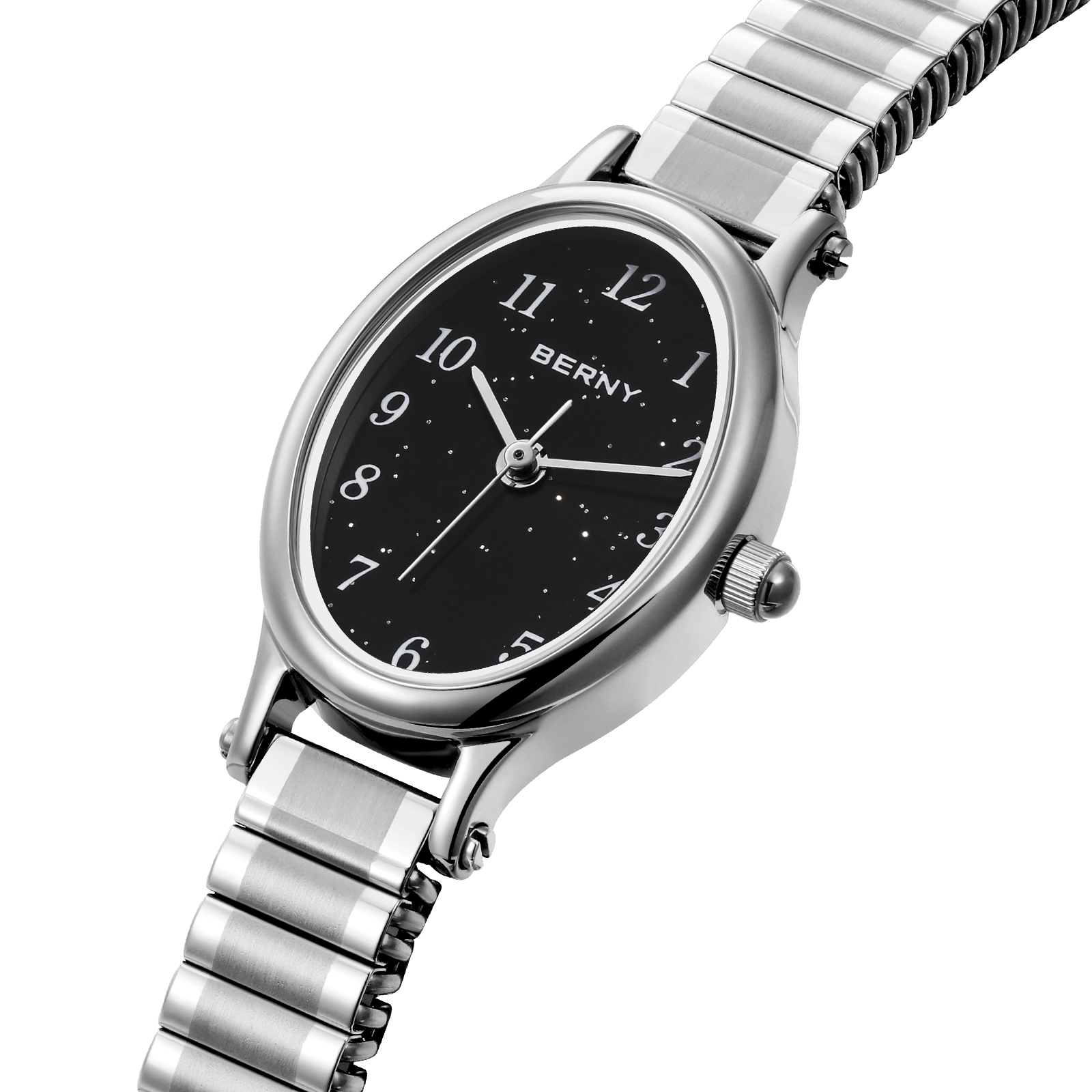 BERNY Small Silver Watches for Women, Dainty Luxury Oval Dial, Expansion Band Watch, Fashion Ladies Analog Quartz Watch, Waterproof Women Wristwatch Gifts, Black