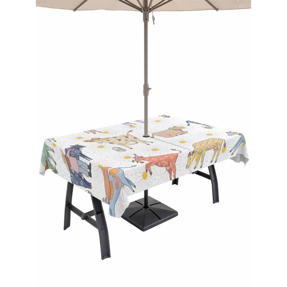 Outdoor Tablecloth with Umbrella Hole for Patio/Picnic/Party/Camping, Colorful Cow Print Waterproof Table Cloth Rectangle Table Cover Washable, Cute Farmhouse Daisy Hand Drawn (60"x 84")