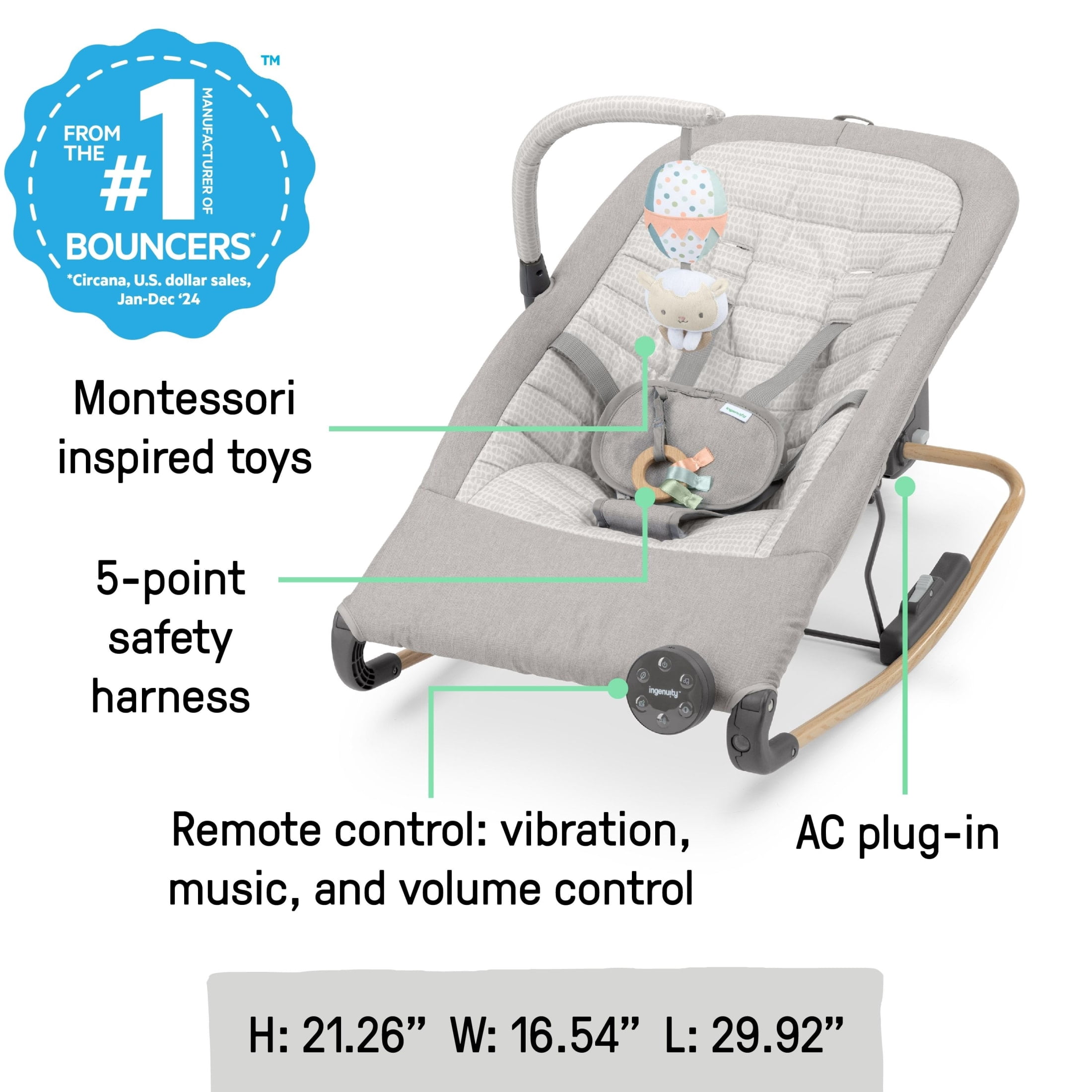 Ingenuity Keep InMotion Automatic Baby Rocking Seat for Ages 0-6 Months, Soulful Skies, Gray