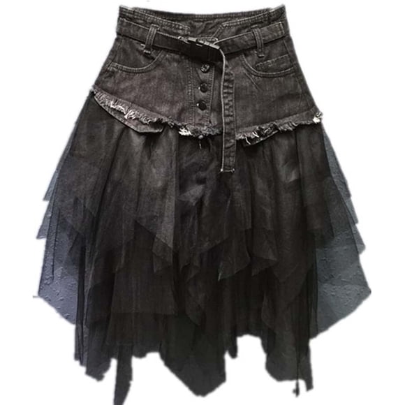 LKHJ Women Denim Mesh Patchwork Lace Skirt High Waist A Line Asymmetric Frill Tulle Gothic Skirts Mini Denim Skirt