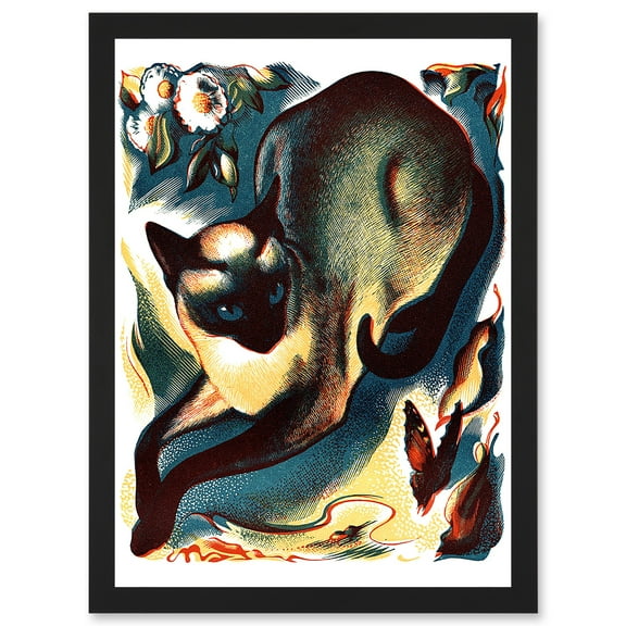 Siamese Cat Butterfly Animal Artwork Framed Wall Art Print A4