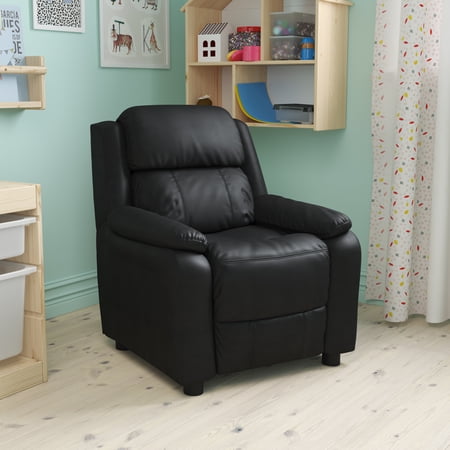 Emma + Oliver Deluxe Padded Black LeatherSoft Kids Recliner with Storage Arms