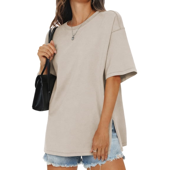 SWQZVT Womens Oversized T Shirts Cotton Loose Fit Crewneck Short Sleeve Side Slit Summer Casual Basic Tee