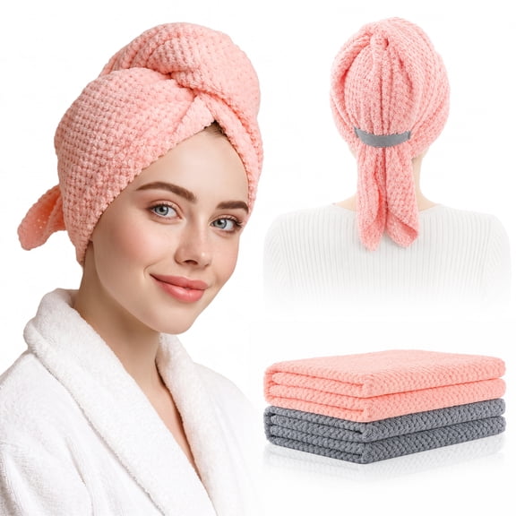 Abaima 2 Pack Microfiber Hair Towels, Large Anti Frizz Turbans for Women with Elastic Strap, Super Soft Hair Drying Towels for All Hair Types