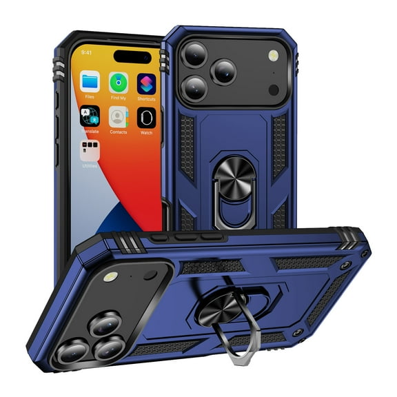 Sanwo for iPhone 17 Pro Case, Magnetic Car Mount Compatible with 360° Ring Kickstand, Dual Layer PC TPU Shockproof Cover, Blue