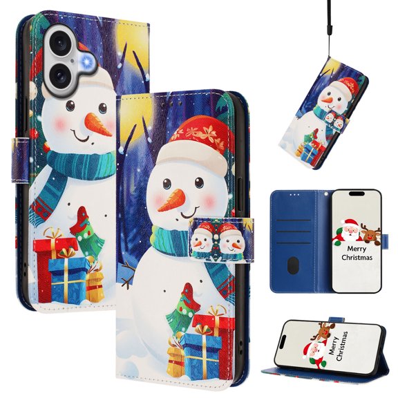 Phone Case for iPhone 16, Luxury Christmas Pattern Card Slots Cash Pocket Magnetic Clasp Full Body Protection Shockproof Kickstand Wallet Flip Case with Wrist Strap for iPhone 16, C