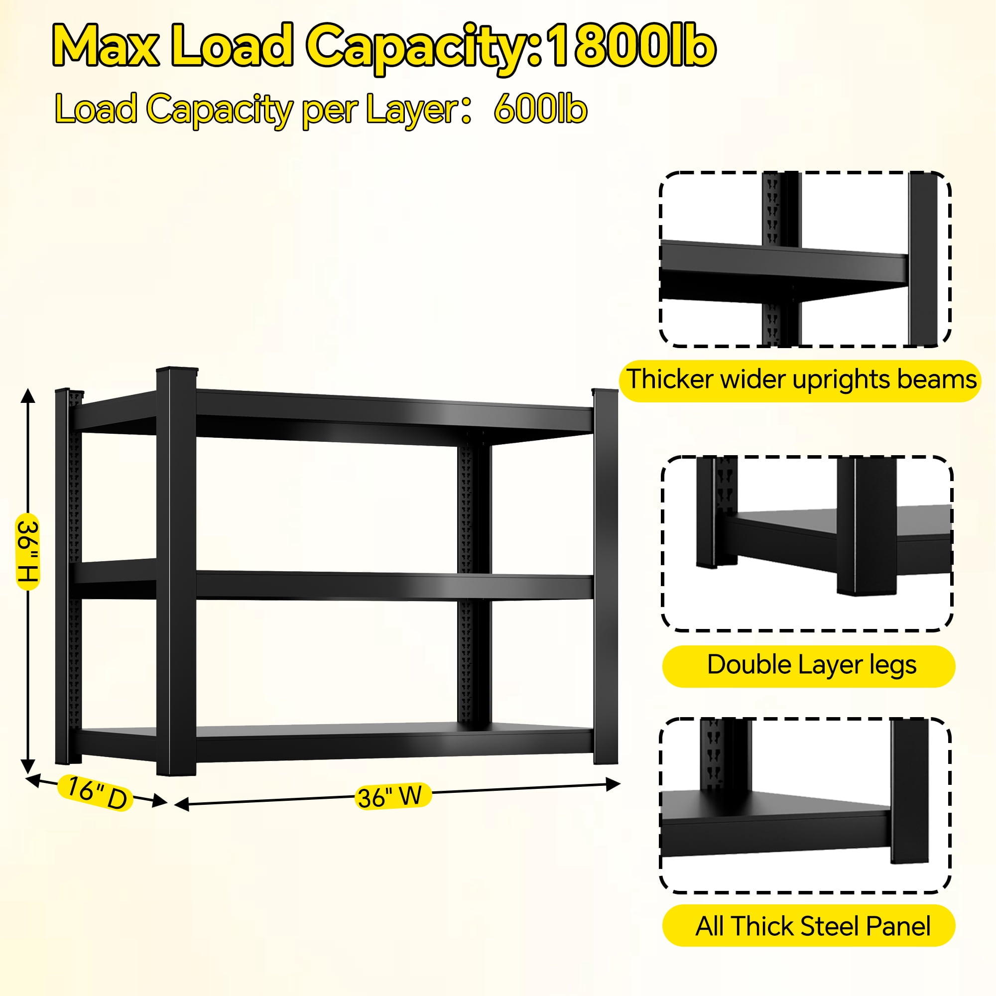 3-Tier Heavy-Duty Adjustable Metal Garage Storage Shelving Unit, 36" x 36" x 16", Black