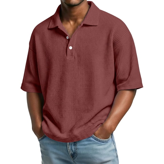 Domuza Collared Half Sleeve Waffle Shirts for Men 1/4 Button Up Loose Fit Casual Pullover Trendy Spring Tops Wine XL