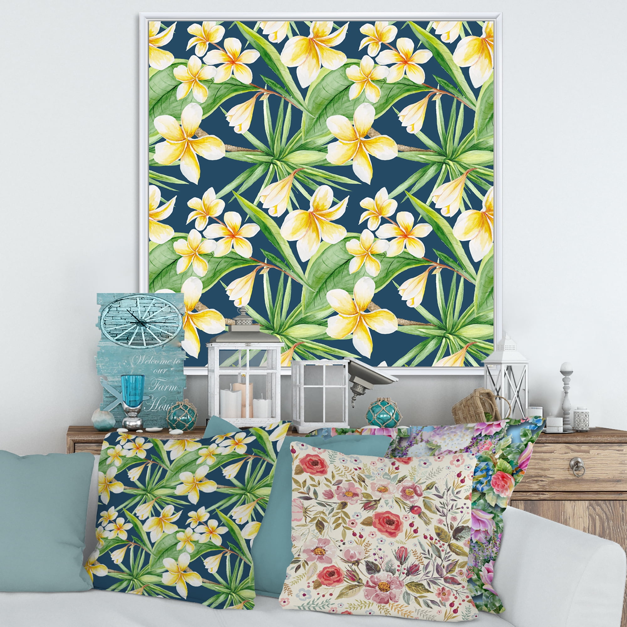 Designart 'Yellow Flowers and Tropical Foliage VIII' Modern Framed Canvas Wall Art Print