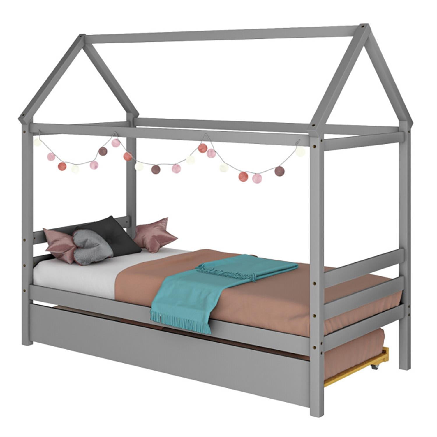 Demi Bonn Bed Frame with Roof for Bedroom, Modern House Bed Frames for Teens, Gray