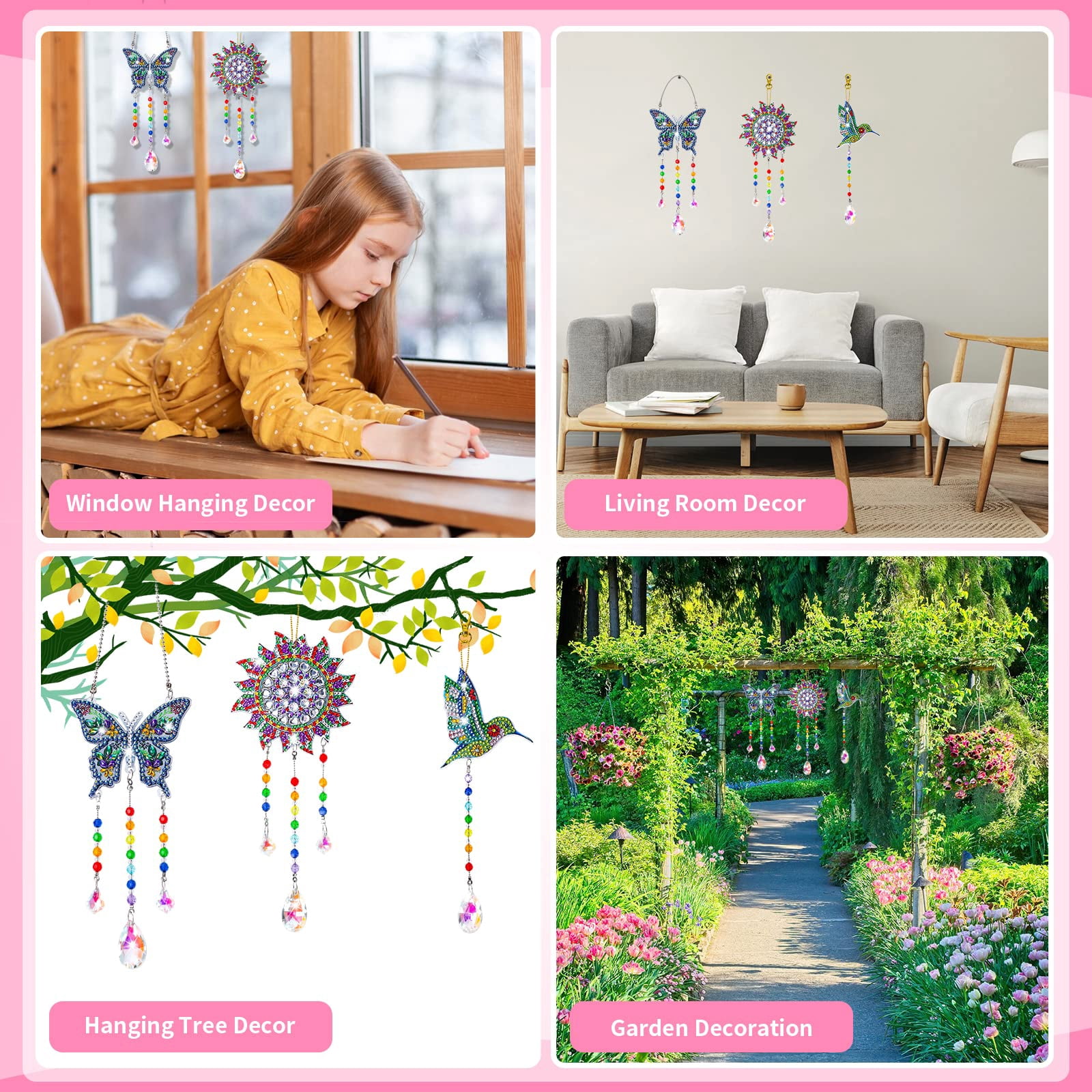 DIY Creative Diamond Painting Gift Kit for Girls Aged 6-12, 3Pcs Diamond Painting Suncatcher Wind Chimes Hanging Ornament for Garden Window and Balcony, Butterfly Sun Hummingbird