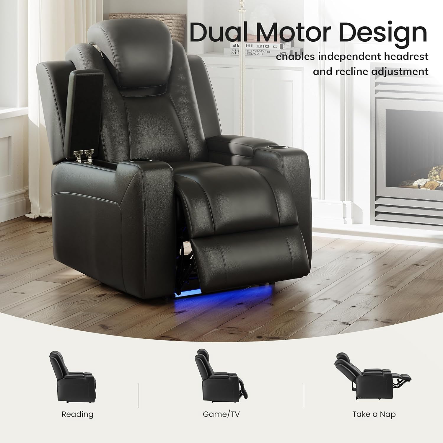 COLAMY Sereno Dual Motors Wall Hugger Power Recliner Chair with Power Headrest for Living Room, Home Theater Seating with Hidden Storage, Black