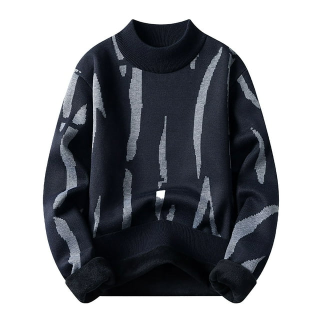 MIASHUI Men's Winter Half High Neck Pullover Plush Knit Sweater Long Sleeve Comfort Fit Navy,L