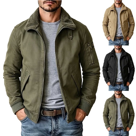 MexChoioe Mens Fleece Collar Bomber Jacket Solid Color Full Zip Multi Pockets Warm Material for Outdoor Wear in Fall Winter for Mens