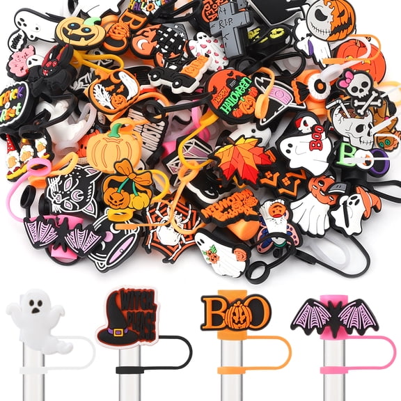 AOWOO 50PCS Halloween Straw Cover Cap, Straw Cover for 30&40 Oz Tumbler, Reusable Soft Silicone Straw Topper, Straw Protectors Drinking Straw Caps for 10 mm Straws