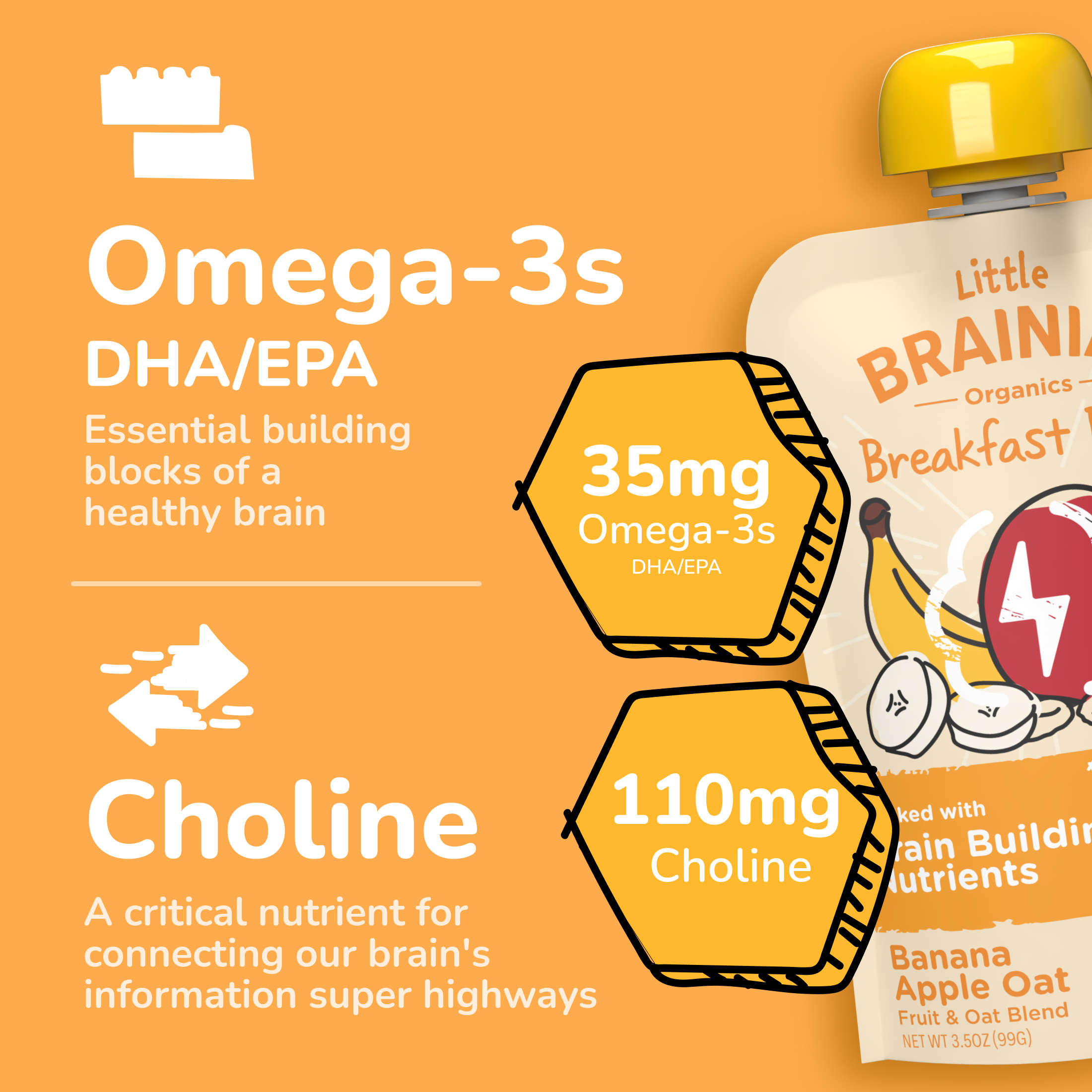 (12 pack) Little Brainiac Organic Fruit & Oat Toddler Food with BrainPack, Banana Apple Oat, 3.5oz