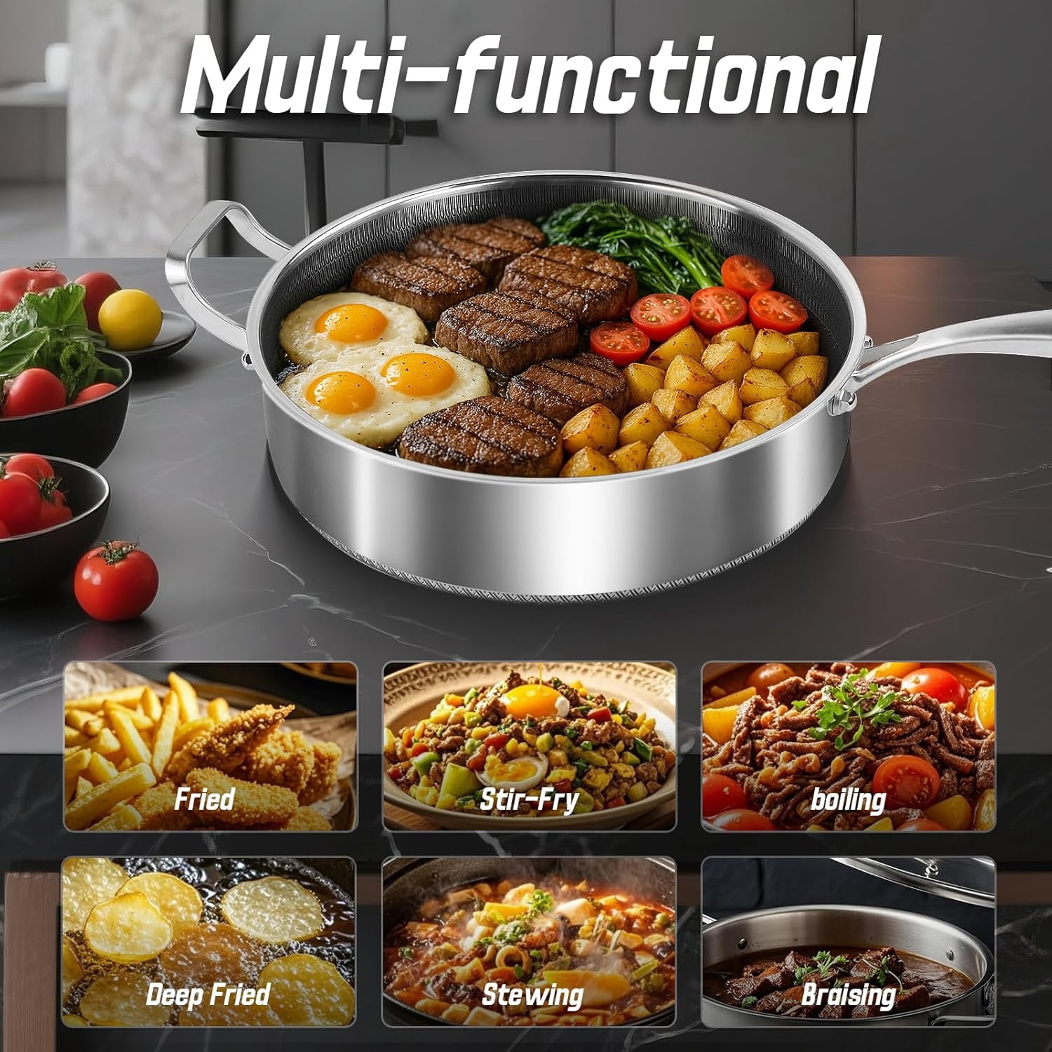 Frying Pans Nonstick wih Lid, Non Stick Tri-Ply Stainless Steel Saute Pan, 8 Quarts Large Sauté Pan, 13.5 Inch Induction Cooking Pan, Dishwasher and Oven Safe