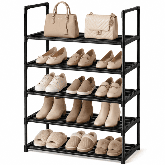 RLBOSFLSOT 5-Tier Stackable Shoe Rack, Shoe Organizer Storage Shelf for Shoes and Boots, Black Shoe Rack for Closet, Entryway, Dorm, Garage