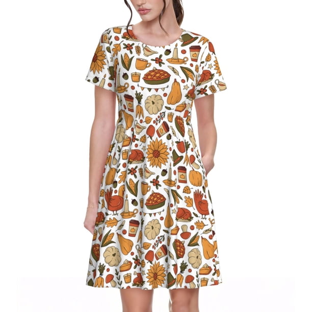 Balery Thanksgiving Food Vestidos sueltos de manga corta para mujer, vestidos de verano 2025, vestidos casuales de corte A con vuelo.