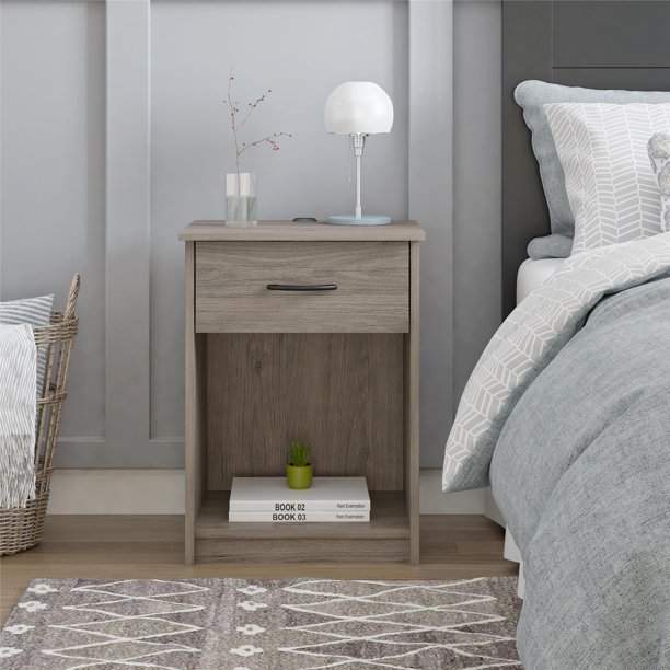 Mainstays 1 Drawer Nightstand with USB Power, Rustic Oak