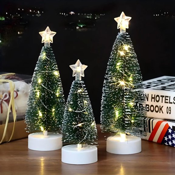 Bottle Brush Christmas Trees, Set of 3 with LED Lights, Mini Christmas Trees Tabletop Decor, Green Frosted Sisal Trees
