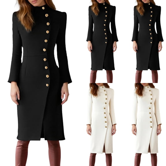 Women's Dress Long Sleeve Stand Collar Solid Color Fitted Metal Button Side Slit Elegant Dress for Office Spring Fall,Black,L