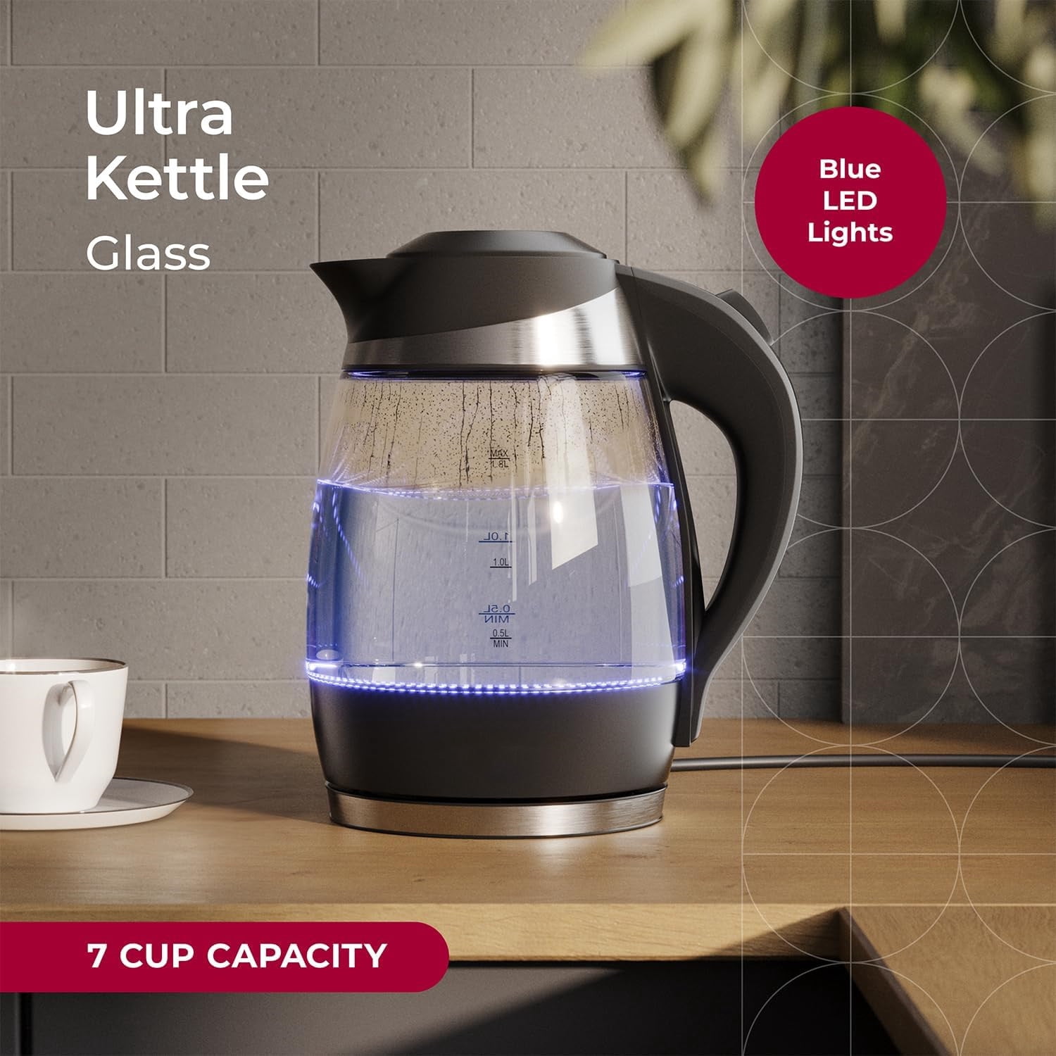 Electric Tea Kettle for Boiling Water, 1500W SpeedBoil with Automatic Shutoff, 1.8L Cordless with LED Light, Borosilicate Glass Tea Kettle Pot Water Heater