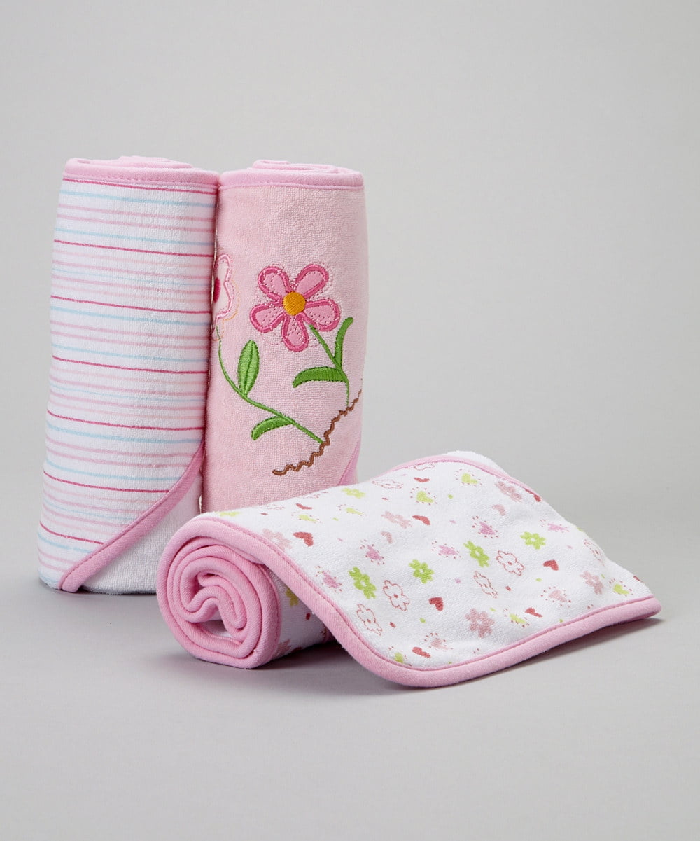 Spasilk Baby 3 Pack Terry Bath Hooded Towels, Pink Flower