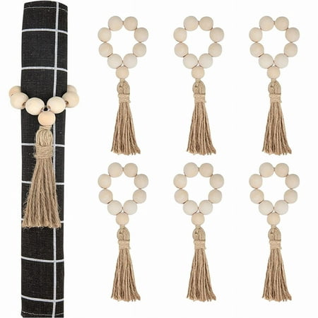 

NIUREDLTD Idyllic Wood Bead Tassel Napkin Ring Elastic Napkin Buckle Adjustable Hand Woven Rope Napkin Ring